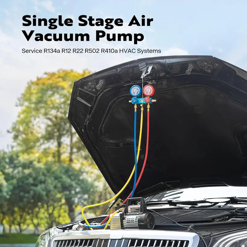 110V Rotary Vane HVAC Vacuum Pump Kit – Refrigerant Recovery Tool with Dual-Manifold Gauge Set and Digital Thermometer for R134a, R22, and R410a Systems 2