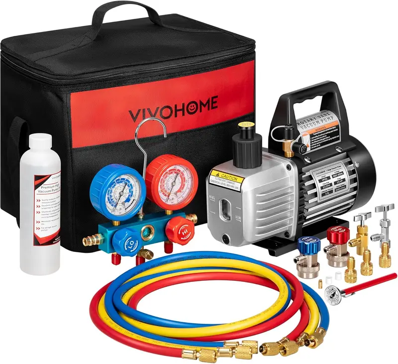 110V Rotary Vane HVAC Vacuum Pump Kit – Refrigerant Recovery Tool with Dual-Manifold Gauge Set and Digital Thermometer for R134a, R22, and R410a Systems