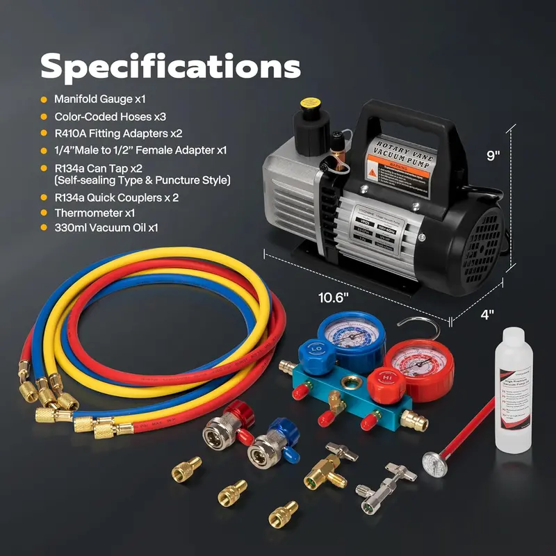 110V Rotary Vane HVAC Vacuum Pump Kit – Refrigerant Recovery Tool with Dual-Manifold Gauge Set and Digital Thermometer for R134a, R22, and R410a Systems