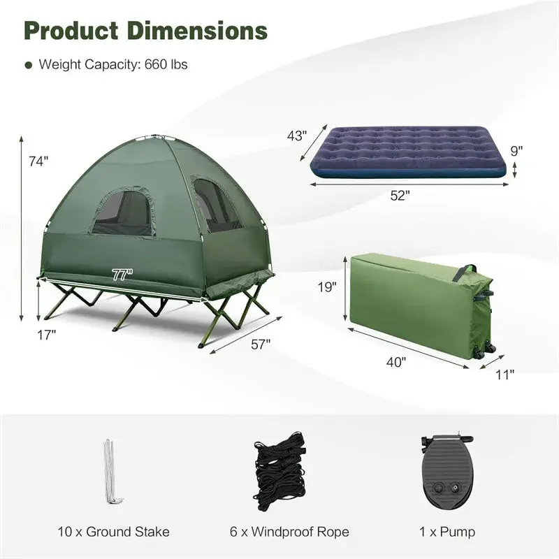 2-Person Portable Camping Tent Cot System with Inflatable Air Mattress and All-in-One Sleeping Bag