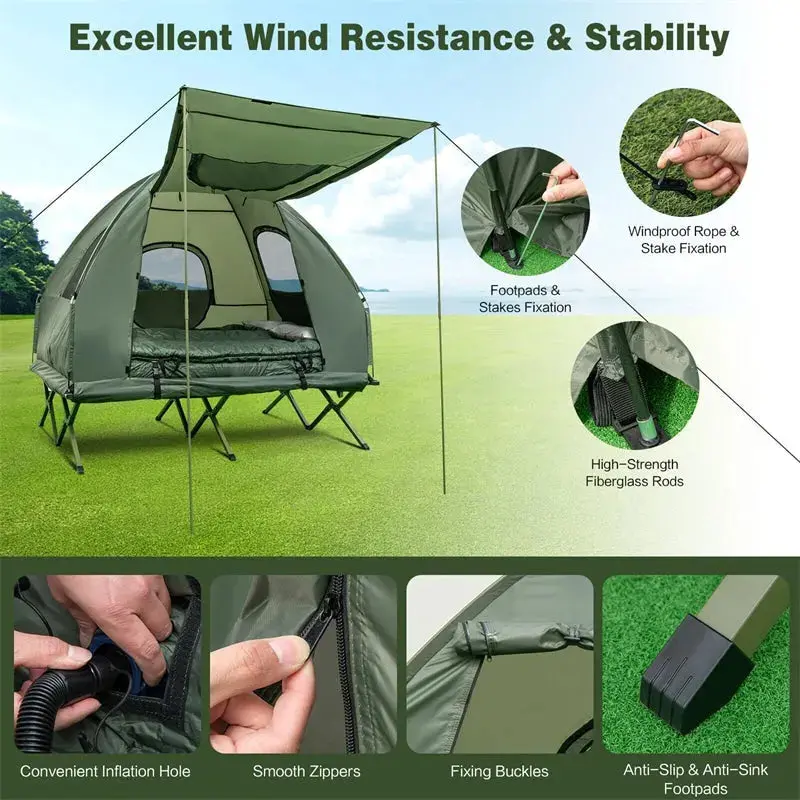 2-Person Portable Camping Tent Cot System with Inflatable Air Mattress and All-in-One Sleeping Bag