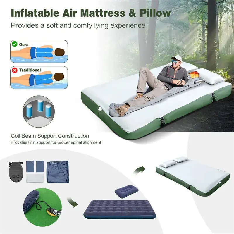 2-Person Portable Camping Tent Cot System with Inflatable Air Mattress and All-in-One Sleeping Bag