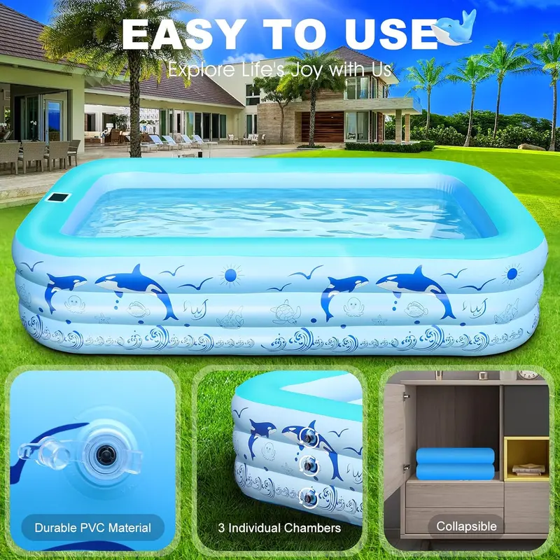 2026 Solar-Powered Inflatable Pool – Upgraded Lighted Backyard Pool with Reinforced Walls for Adults and Kids (Light Blue Finish)