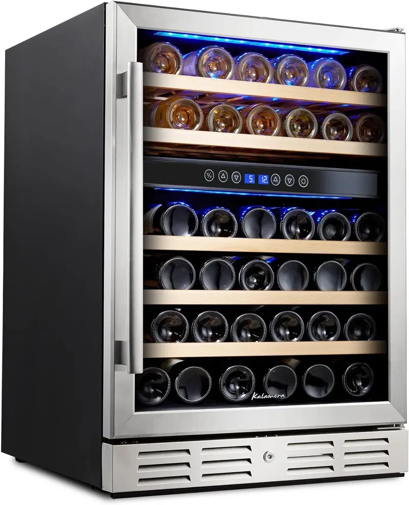 24-Inch Dual-Zone Wine Cooler – 46-Bottle Stainless Steel Refrigerator, Built-In or Freestanding, Reversible Glass Door