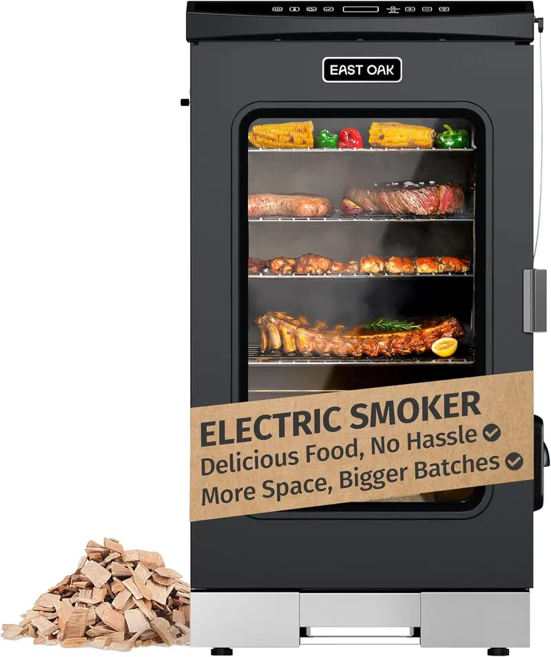 30-Inch Electric Smoker with Glass Viewing Window – Integrated Meat Probe Thermometer and 4-Tier Rack Design for Outdoor BBQ and Backyard Cooking