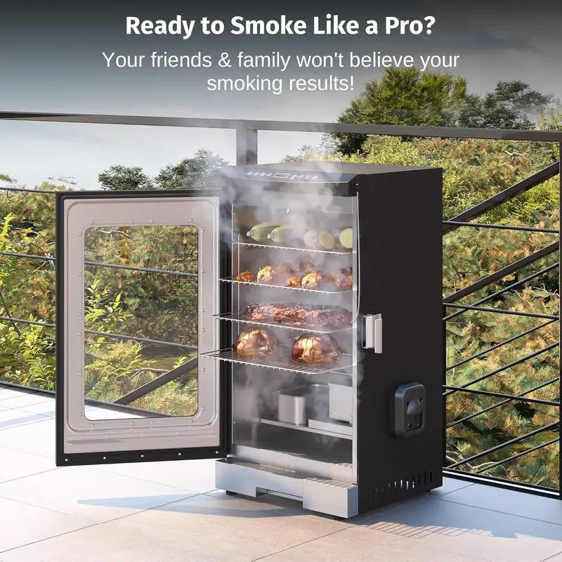 30-Inch Electric Smoker with Glass Viewing Window – Integrated Meat Probe Thermometer and 4-Tier Rack Design for Outdoor BBQ and Backyard Cooking 2