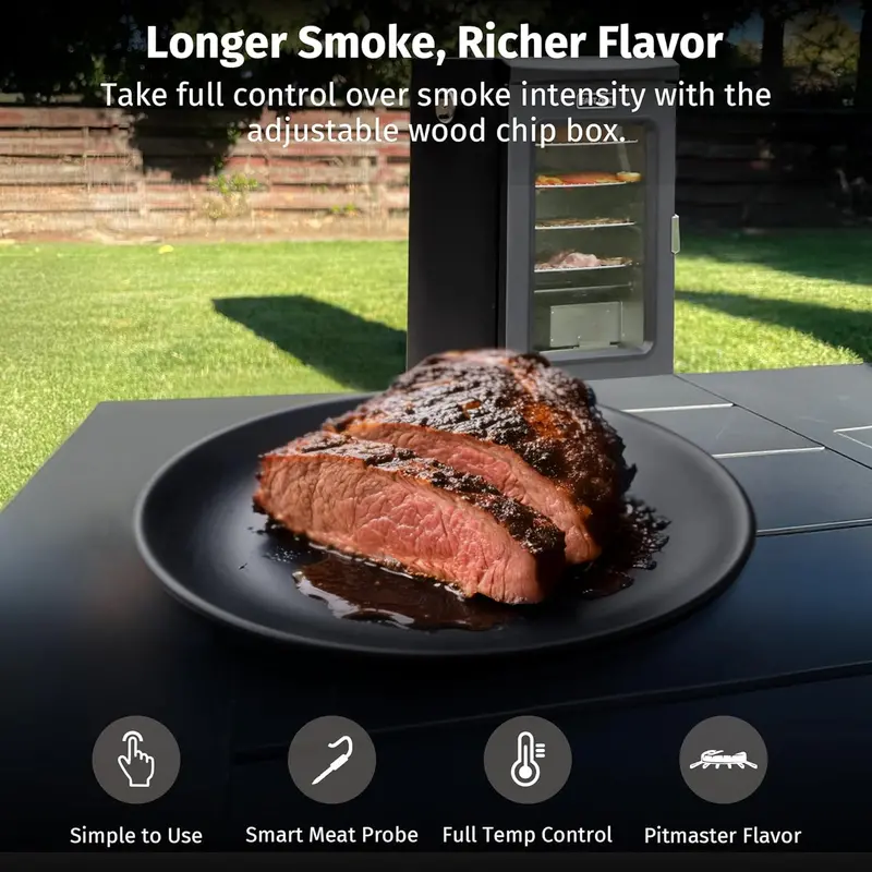 30-Inch Electric Smoker with Glass Viewing Window – Integrated Meat Probe Thermometer and 4-Tier Rack Design for Outdoor BBQ and Backyard Cooking