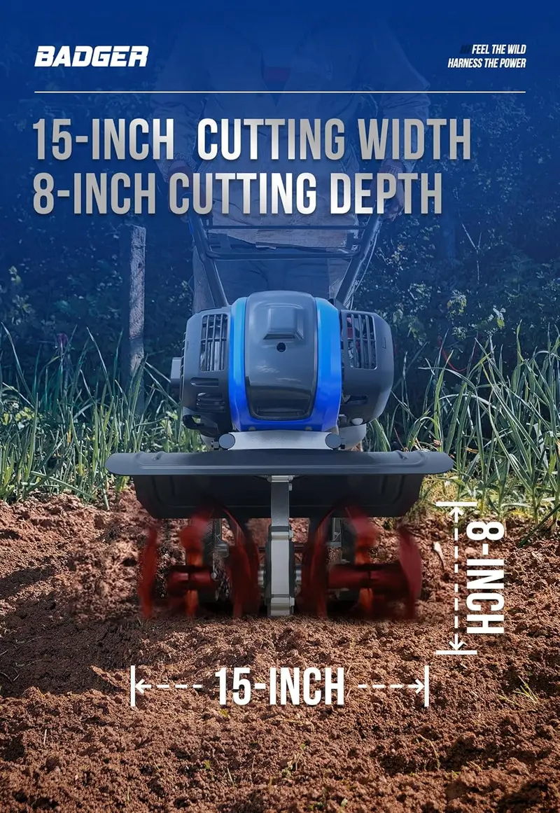53cc Gas-Powered Mini Tiller with 15-Inch Width and Adjustable Handle for Efficient Lawn and Soil Cultivation