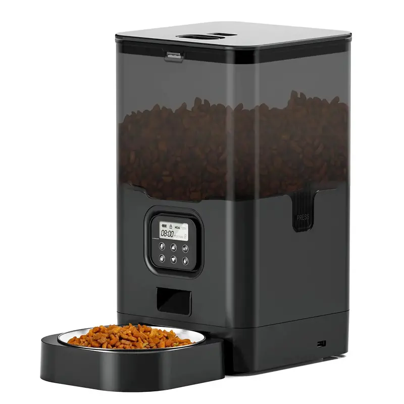 6-Liter Automatic Cat Feeder Featuring Stainless Steel Dish, Programmable Dispensing, Voice Memo Function & LCD Control Panel