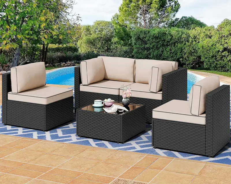 7-Piece Modular Wicker Patio Sectional – Garden-Ready Outdoor Sofa Set with Easy-Care Cushions and Center Coffee Table