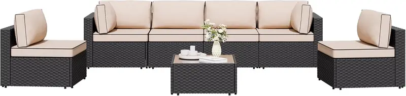 7-Piece Modular Wicker Patio Sectional – Garden-Ready Outdoor Sofa Set with Easy-Care Cushions and Center Coffee Table