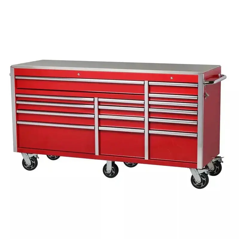 72" Heavy-Duty Mobile Tool Chest – 15-Drawer Stainless Steel Workbench with Dual Locking System, Red Finish