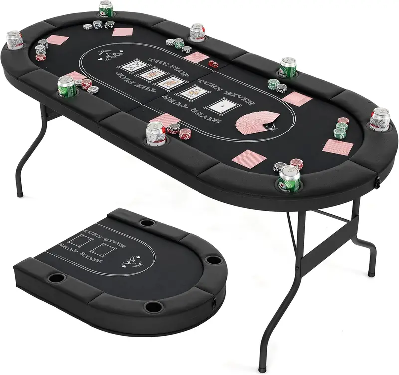 8-Player Foldable Poker Table – 72-Inch Durable Surface with Integrated Metal Cup Holders