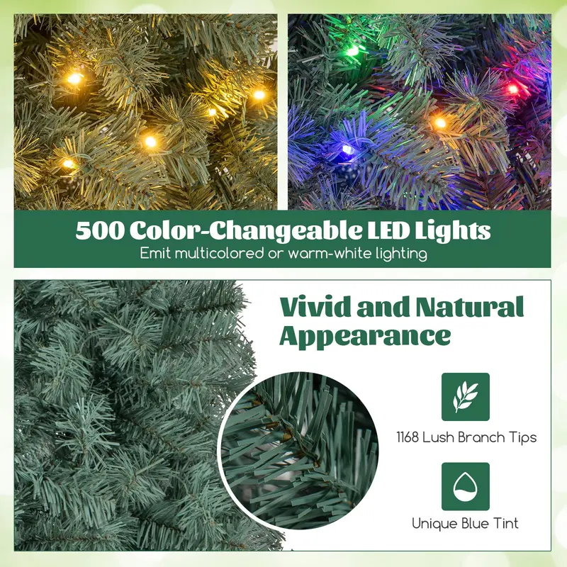 9-Foot Blue Slim Pencil Christmas Tree – Pre-Lit with 500 Warm White & Multicolor LEDs, 9 Lighting Modes, 1168 Branch Tips
