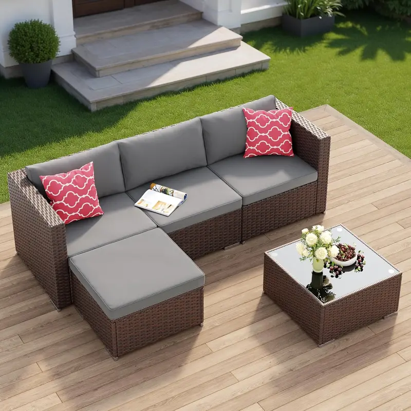 Aiho Grey 5-Piece All-Weather Wicker Sectional Set – Outdoor Patio Sofa with Comfort Cushions and Tempered Glass Table