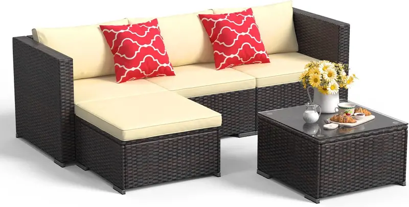 Aiho Grey 5-Piece All-Weather Wicker Sectional Set – Outdoor Patio Sofa with Comfort Cushions and Tempered Glass Table 2