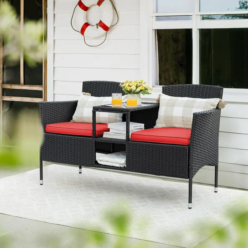 All-Weather Wicker Loveseat Set – Two-Seat Rattan Patio Bench with Center Table, Cushions, and Beige Finish 2