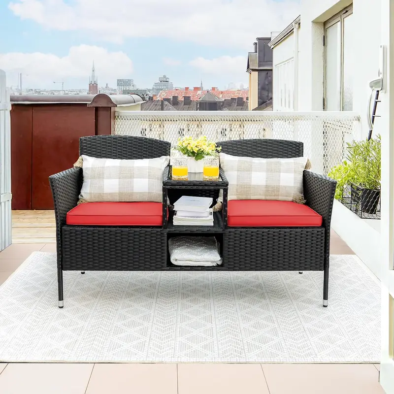 All-Weather Wicker Loveseat Set – Two-Seat Rattan Patio Bench with Center Table, Cushions, and Beige Finish