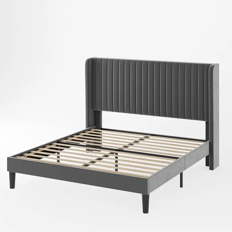 Allewie Full-Size Velvet Wingback Bed – Channel-Tufted Fabric Frame with Sculpted Vertical Winged Headboard