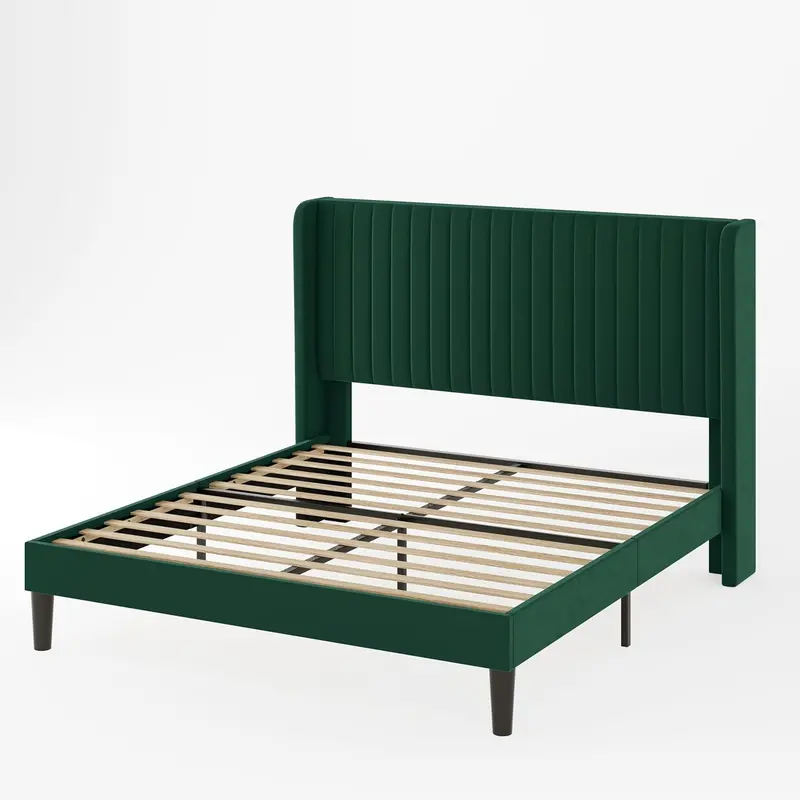 Allewie Full-Size Velvet Wingback Bed – Channel-Tufted Fabric Frame with Sculpted Vertical Winged Headboard