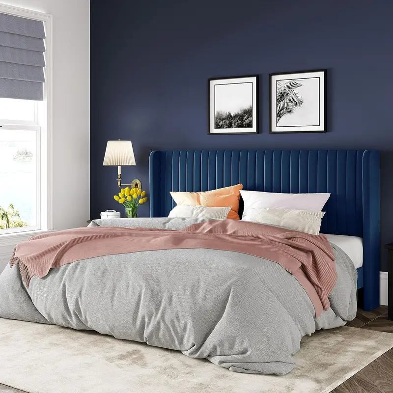 Allewie Full-Size Velvet Wingback Bed – Channel-Tufted Fabric Frame with Sculpted Vertical Winged Headboard