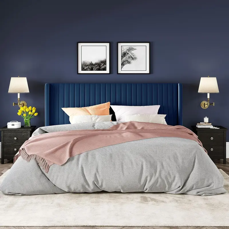 Allewie Full-Size Velvet Wingback Bed – Channel-Tufted Fabric Frame with Sculpted Vertical Winged Headboard