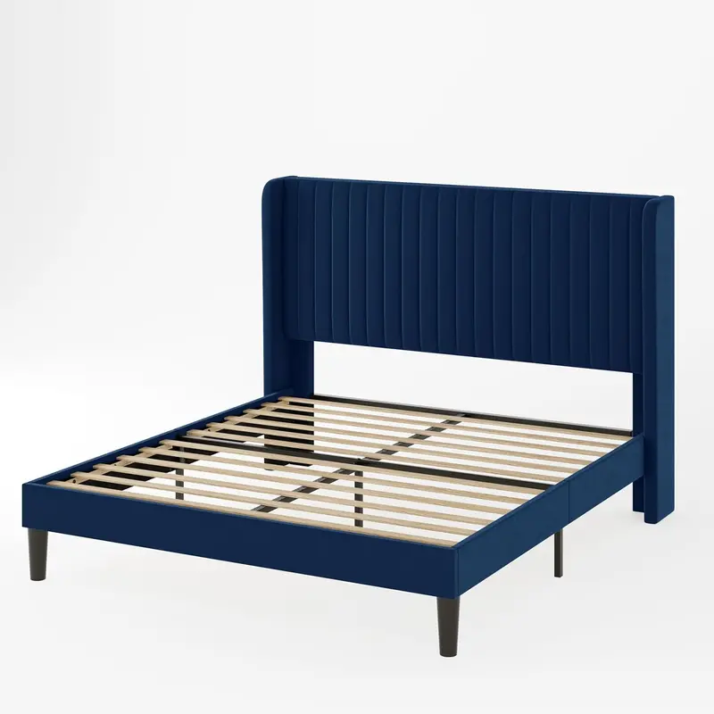 Allewie Full-Size Velvet Wingback Bed – Channel-Tufted Fabric Frame with Sculpted Vertical Winged Headboard