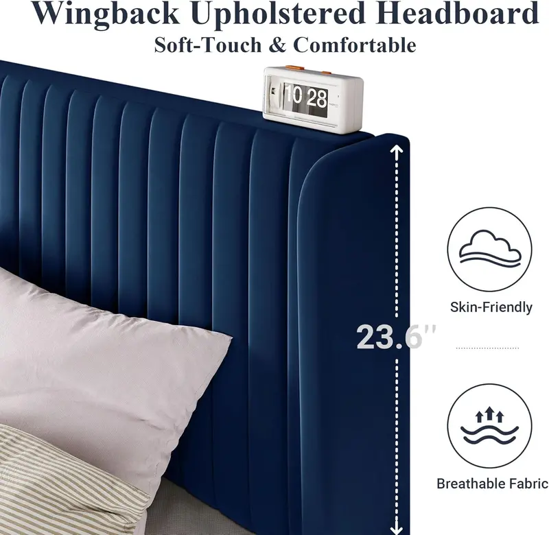 Allewie Full-Size Velvet Wingback Bed – Channel-Tufted Fabric Frame with Sculpted Vertical Winged Headboard