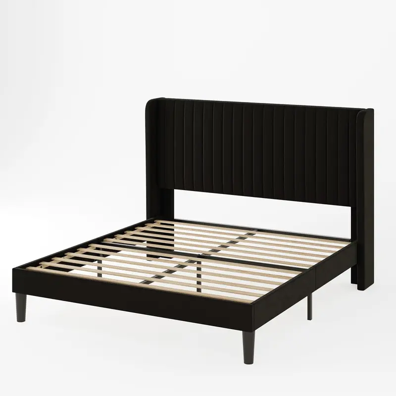 Allewie Full-Size Velvet Wingback Bed – Channel-Tufted Fabric Frame with Sculpted Vertical Winged Headboard