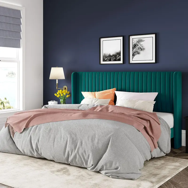 Allewie Full-Size Velvet Wingback Bed – Channel-Tufted Fabric Frame with Sculpted Vertical Winged Headboard