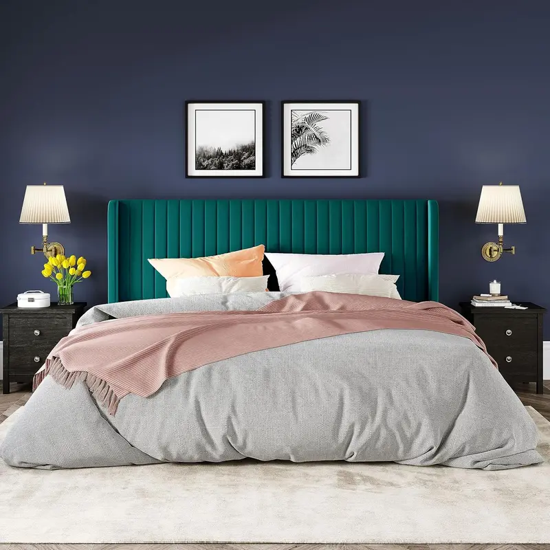 Allewie Full-Size Velvet Wingback Bed – Channel-Tufted Fabric Frame with Sculpted Vertical Winged Headboard