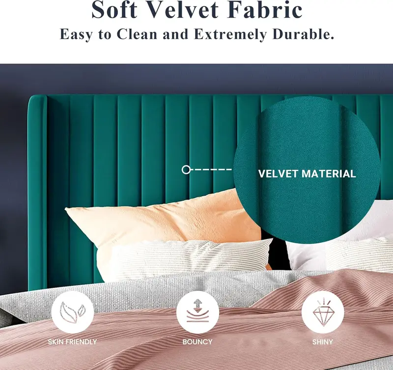 Allewie Full-Size Velvet Wingback Bed – Channel-Tufted Fabric Frame with Sculpted Vertical Winged Headboard