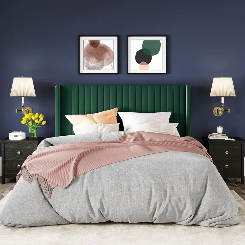 Allewie Full-Size Velvet Wingback Bed – Channel-Tufted Fabric Frame with Sculpted Vertical Winged Headboard