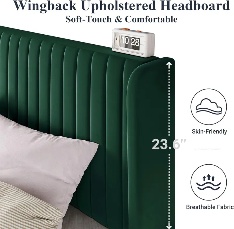 Allewie Full-Size Velvet Wingback Bed – Channel-Tufted Fabric Frame with Sculpted Vertical Winged Headboard