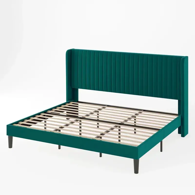 Allewie Full-Size Velvet Wingback Bed Featuring Vertical Channel Tufting and Premium Upholstered Finish