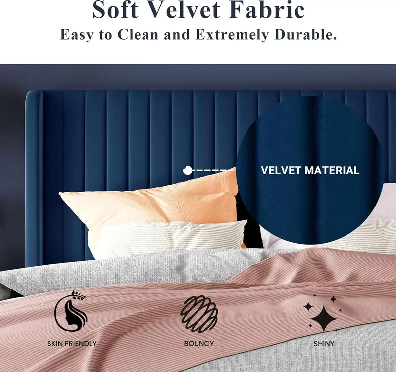 Allewie Full-Size Velvet Wingback Bed Featuring Vertical Channel Tufting and Premium Upholstered Finish