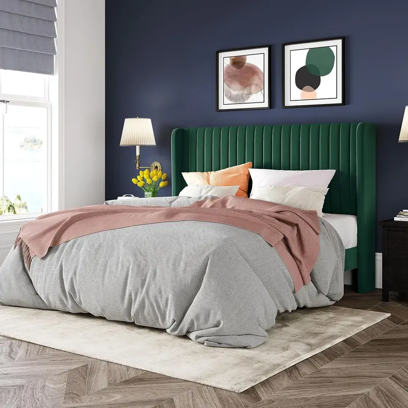 Allewie Full-Size Velvet Wingback Bed Featuring Vertical Channel Tufting and Premium Upholstered Finish
