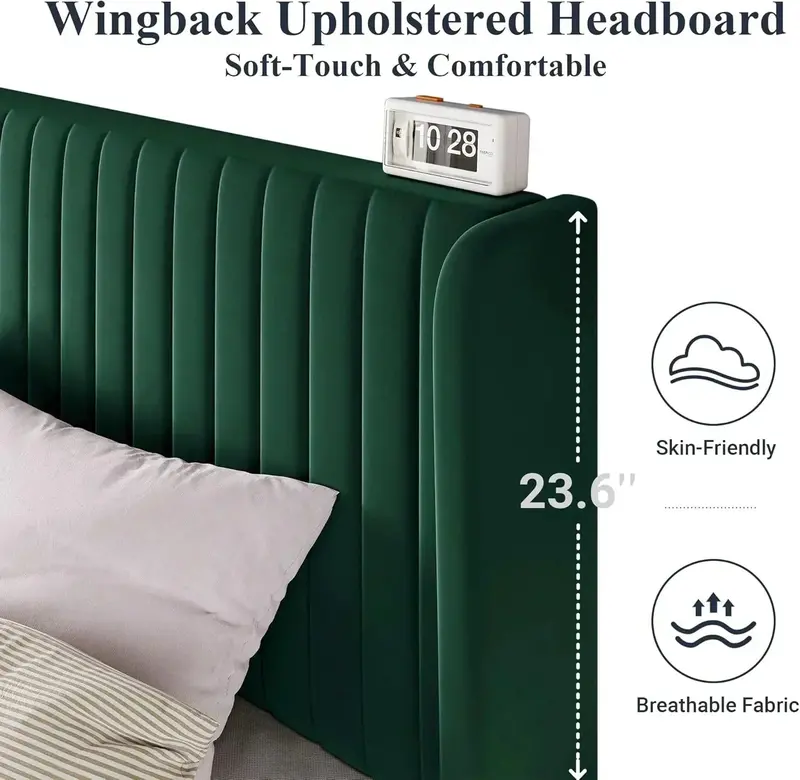 Allewie Full-Size Velvet Wingback Bed Featuring Vertical Channel Tufting and Premium Upholstered Finish