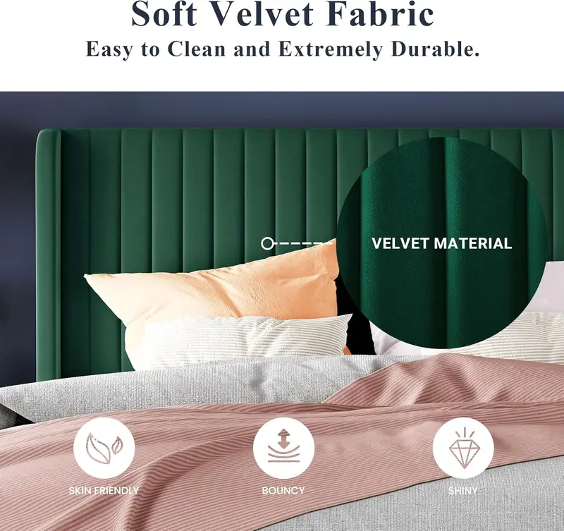 Allewie Full-Size Velvet Wingback Bed Featuring Vertical Channel Tufting and Premium Upholstered Finish