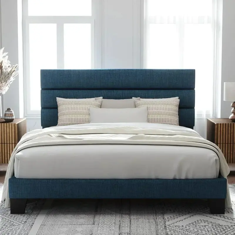 Allewie King-Size Platform Bed Frame – Velvet-Upholstered Headboard with Reinforced Solid Wood Slats