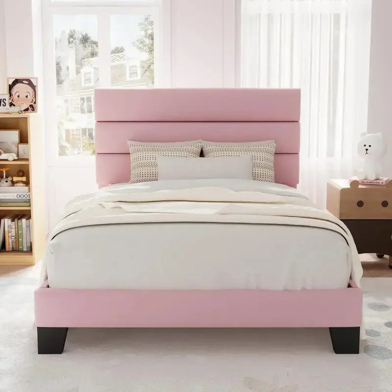 Allewie King-Size Platform Bed Frame – Velvet-Upholstered Headboard with Reinforced Solid Wood Slats