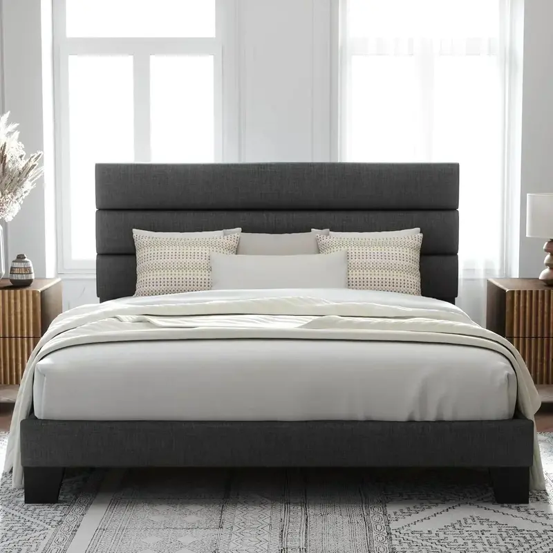 Allewie King-Size Platform Bed Frame – Velvet-Upholstered Headboard with Reinforced Solid Wood Slats 2