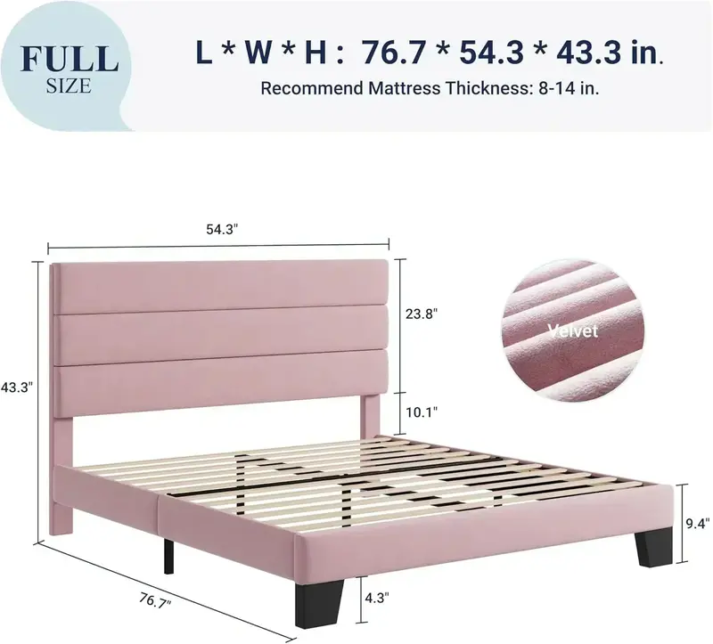 Allewie King-Size Platform Bed Frame – Velvet-Upholstered Headboard with Reinforced Solid Wood Slats