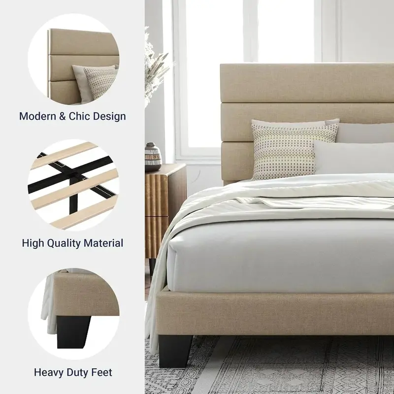 Allewie Queen Platform Bed Frame with Upholstered Headboard and Reinforced Solid Wood Slats