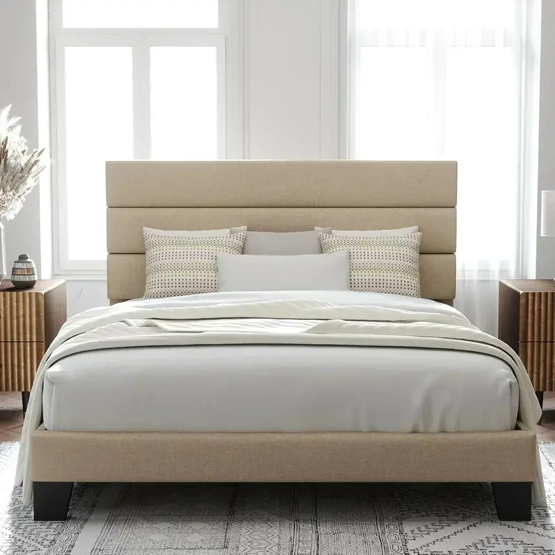 Allewie Queen Platform Bed Frame with Upholstered Headboard and Reinforced Solid Wood Slats