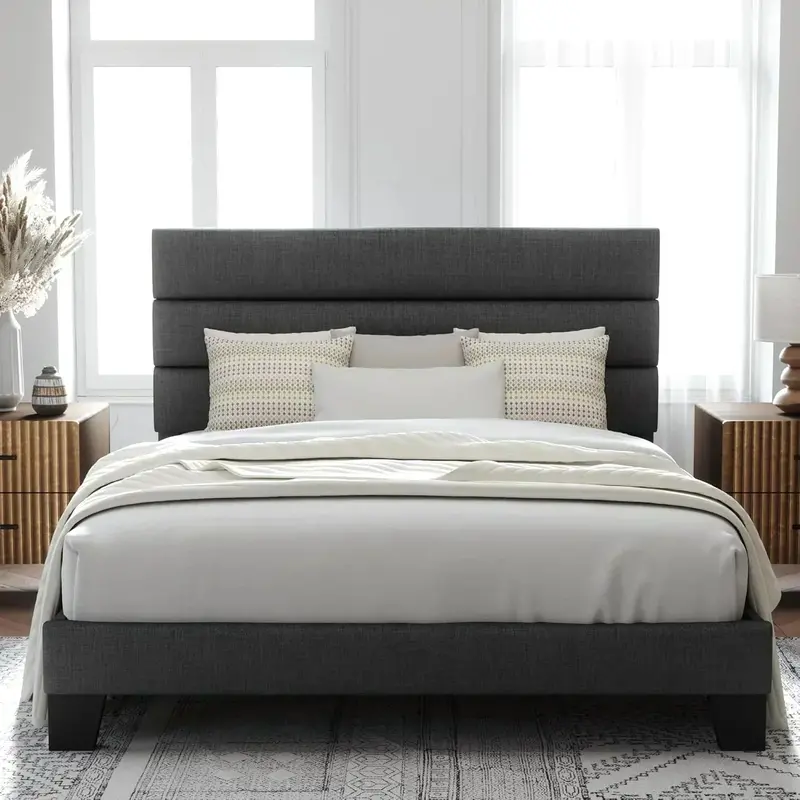Allewie Queen Platform Bed Frame with Upholstered Headboard and Reinforced Solid Wood Slats