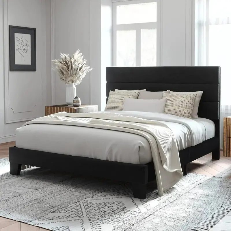 Allewie Queen Platform Bed Frame with Upholstered Headboard and Reinforced Solid Wood Slats