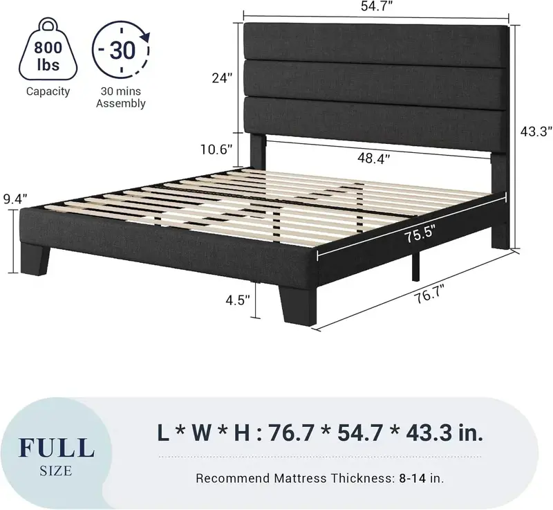 Allewie Queen Platform Bed Frame with Upholstered Headboard and Reinforced Solid Wood Slats