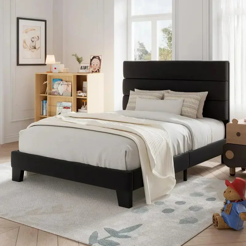 Allewie Queen Platform Bed Frame with Upholstered Headboard and Reinforced Solid Wood Slats