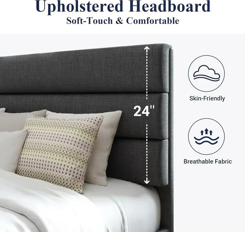 Allewie Queen Platform Bed Frame with Upholstered Headboard and Reinforced Solid Wood Slats